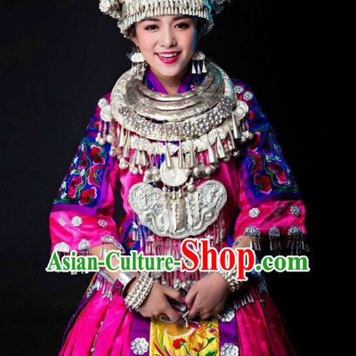 Traditional Chinese Hmong Singer Costumes Miao Dress Asian Ethnic Clothing National Costume Attire and Silver Hat Complete Set for Women
