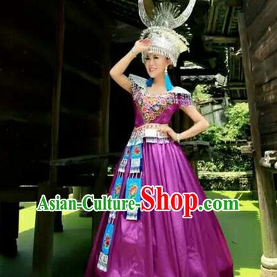 Traditional Chinese Hmong Singer Costumes Miao Dress Asian Ethnic Clothing National Costume Attire and Silver Hat Complete Set for Women