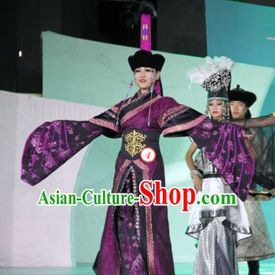 Traditional Mongolian Clothing Ancient Ethnic Empress Princess Clothes and Hat Complete Set for Women