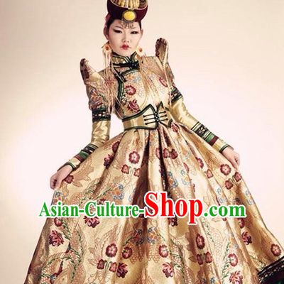 Traditional Mongolian Clothing Ancient Ethnic Princess Clothes and Hat Complete Set for Women