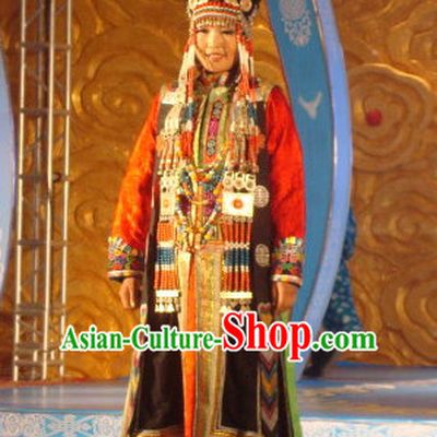 Traditional Mongolian Clothing Ancient Ethnic Princess Clothes and Hat Complete Set for Women