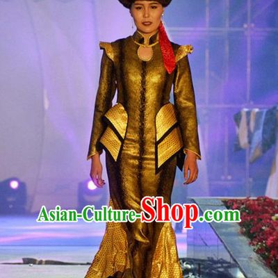 Traditional Mongolian Clothing Ancient Ethnic Princess Dresses and Hat Complete Set for Women