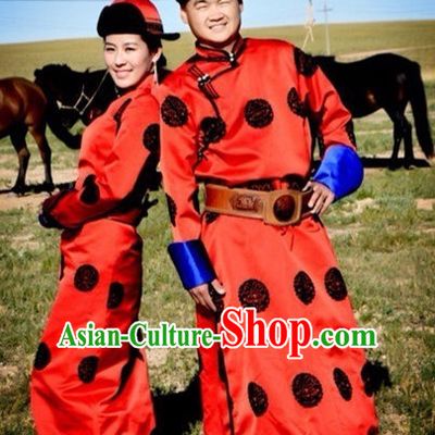 Traditional Mongolian Clothing Ancient Ethnic Wedding Dresses and Hat Complete Set for Women or Men
