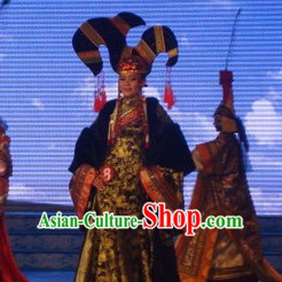 Traditional Mongolian Clothing Ancient Ethnic Queen Dresses and Hat Complete Set for Women