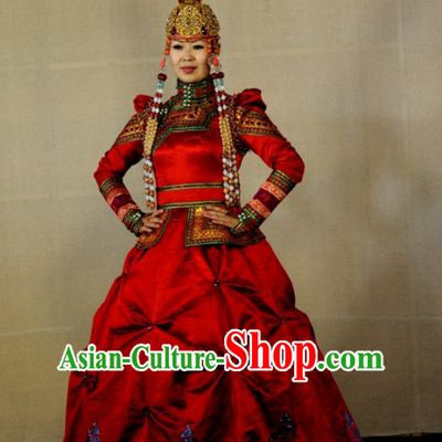 Traditional Mongolian Clothing Ancient Ethnic Queen Dresses and Hat Complete Set for Women