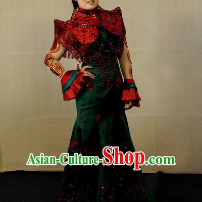 Traditional Mongolian Clothing Ancient Ethnic Queen Dresses and Hat Complete Set for Women
