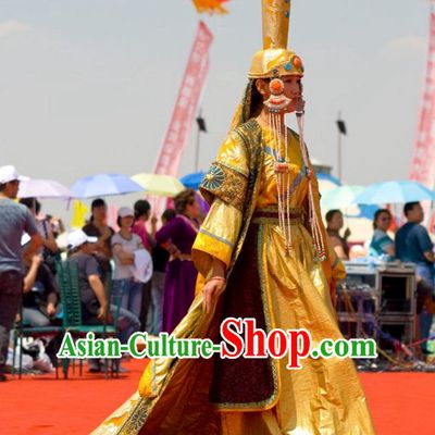 Traditional Mongolian Clothing Ancient Ethnic Queen Dresses and Hat Complete Set for Women