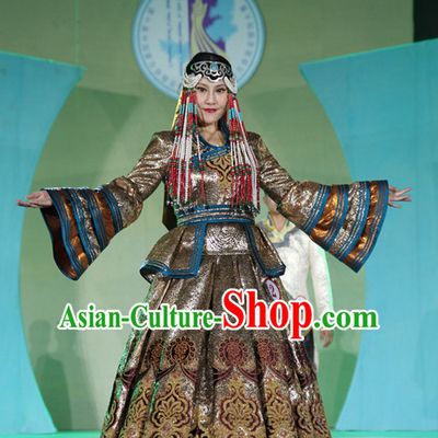 Traditional Mongolian Clothing Ancient Ethnic Queen Garment and Hat Complete Set for Women