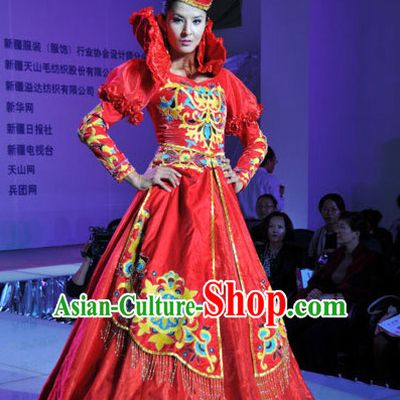 Traditional Mongolian Clothing Ancient Ethnic Queen Wedding Garment and Hat Complete Set for Women
