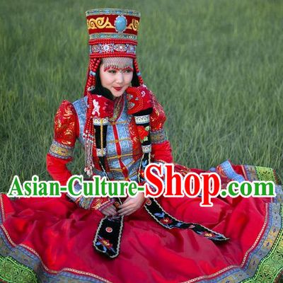 Traditional Mongolian Clothing Ancient Ethnic Queen Wedding Garment and Hat Complete Set for Women