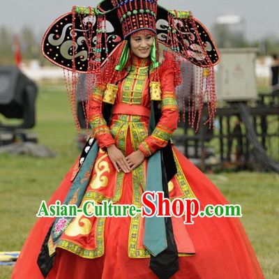 Traditional Mongolian Clothing Ancient Ethnic Queen Wedding Garment and Hat Complete Set for Women
