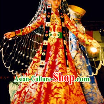 Traditional Mongolian Clothing Ancient Ethnic Queen Wedding Garment and Hat Complete Set for Women