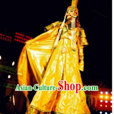 Traditional Mongolian Clothing Ancient Ethnic Queen Wedding Garment and Hat Complete Set for Women