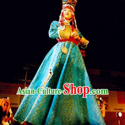 Traditional Mongolian Clothing Ancient Ethnic Queen Garment and Hat Complete Set for Women