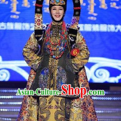 Top Traditional Mongolian Clothing Ancient Ethnic Queen Garments and Hat Complete Set for Women