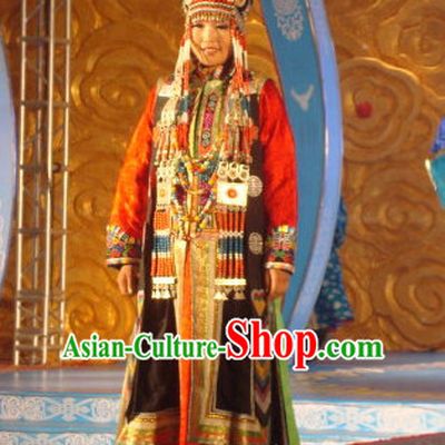 Top Traditional Mongolian Clothing Ancient Ethnic Queen Garments and Hat Complete Set for Women