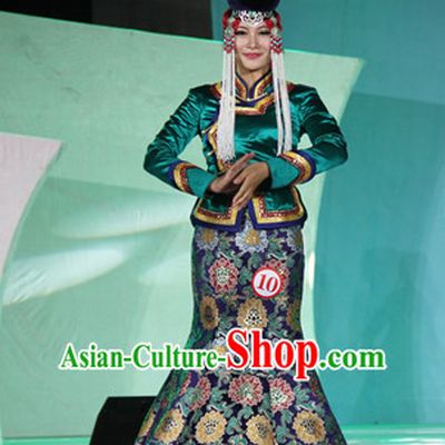 Top Traditional Mongolian Clothing Ancient Ethnic Queen Garments and Hat Complete Set for Women