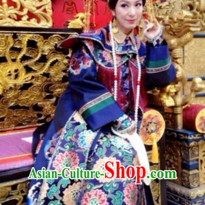 Traditional Chinese Qing Dynasty Imperial Palace Queen Costumes and Hair Accessories Complete Set for Women Girls Kids Adults