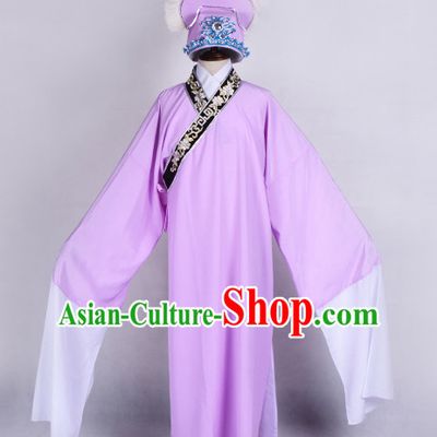 Light Purple Chinese Opera Costumes Huangmei Opera Stage Performance Costume Chinese Traditional Costume Drama Costumes and Hat Complete Set for Men
