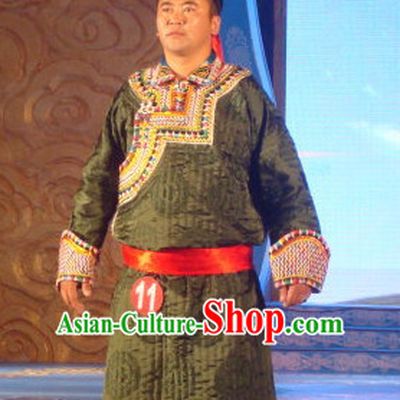 Chinese Traditional Ethnic Mongolian Dress Wear Clothing and Hat Complete Set