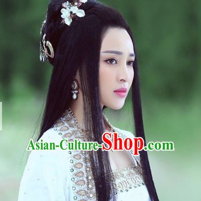 Chinese Ancient Handmade Hair Jewelry and Black Long Wigs for Women