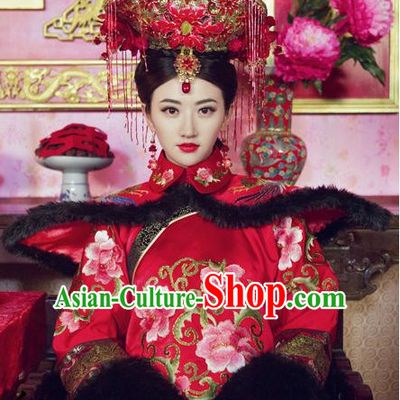 Chinese Empress Manchu Women's Wedding Bridal Clothing _ Apparel Chinese Traditional Dress Theater and Reenactment Costumes and Headwear Complete Set