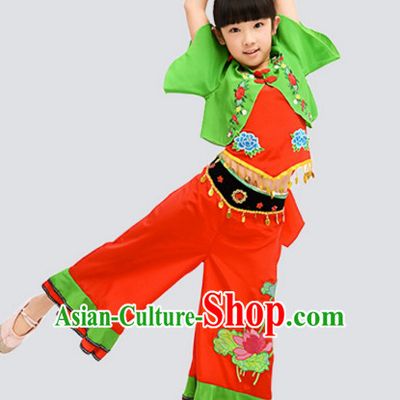 Traditional Chinese Fan Dancing Costume Chinese Dance Costumes Complete Set for Kids Girls