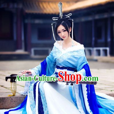 Blue Ancient China Princess Garment Traditional Imperial Queen Costumes High Quality Chinese Empress National Costumes and Accessories Complete Set for Women