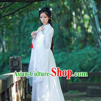 Ancient Chinese Pure White Hanfu National Costumes and Headpieces Complete Set for Women