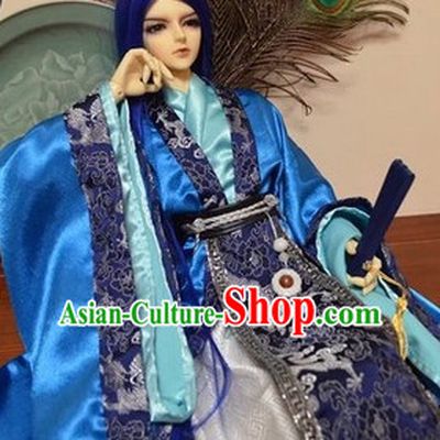 Blue Ancient Chinese Prince Clothing Han Fu National Costumes Complete Set for Men