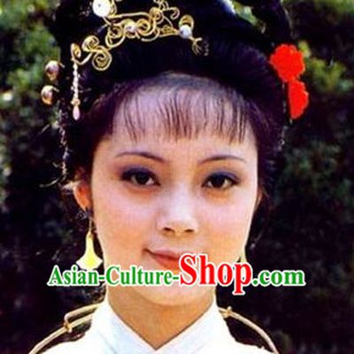 Chinese Ming Dynasty Red Chamber TV Drama Xue Baochai Black Long Wigs and Headwear Headgear Hair Jewelry Hairpieces Set
