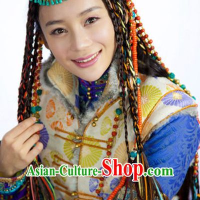 Chinese Qing Mongolian Princess Black Long Wigs and Headwear Headgear Hair Jewelry Hairpieces Set