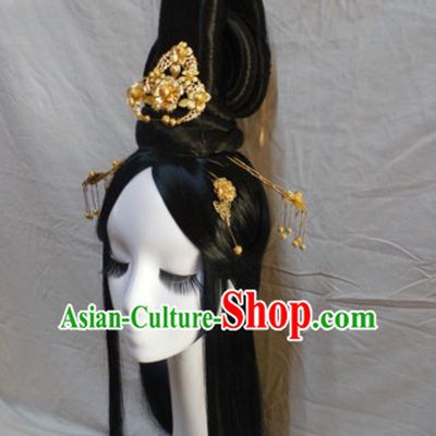 Chinese Classic Lady Black Long Wigs Headwear Crowns Hats Headpiece Hair Accessories Jewelry Set