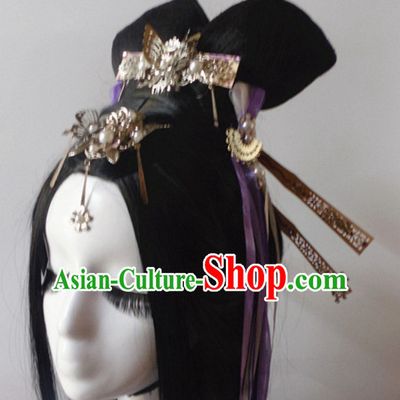 Chinese Classic Lady Black Long Wigs Headwear Crowns Hats Headpiece Hair Accessories Jewelry Set