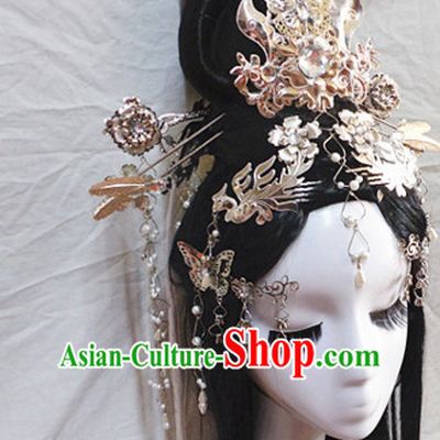 Chinese Classic Princess Fairy Long Black Wigs and Headwear Crowns Hats Headpiece Hair Accessories Jewelry Set