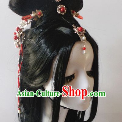 Chinese Classic Princess Fairy Long Black Wigs and Headwear Crowns Hats Headpiece Hair Accessories Jewelry Set