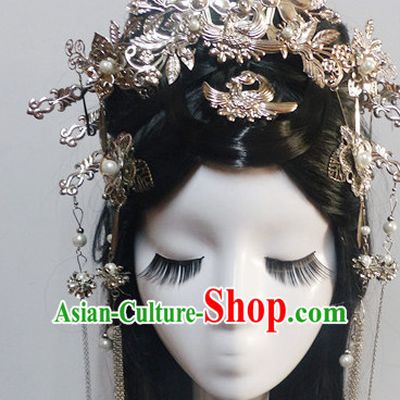 Chinese Classic Princess Fairy Long Black Wigs and Headwear Crowns Hats Headpiece Hair Accessories Jewelry Set