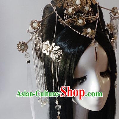 Chinese Classic Black Long Wigs and Headwear Crowns Hats Headpiece Hair Accessories Jewelry Set