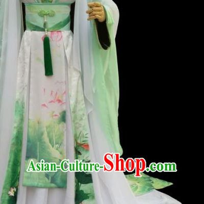 Green Lotus Chinese Traditional High Collar Empress Clothing Complete Set