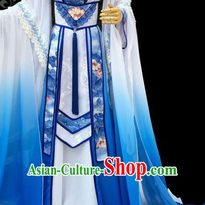 Blue Lotus Chinese Traditional High Collar Empress Clothing Complete Set