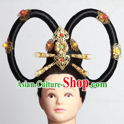 Handmade Chinese Fairy Stage Performance Black Wigs Hair Decorations Headpieces for Women