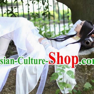 Pure White Chinese Swordsman Hanfu Clothing Theater and Reenactment Costumes Complete Set