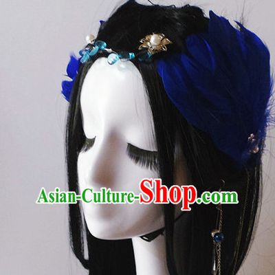 Blue Chinese Classical Feather Hair Headwear Crowns Hats Headpiece Hair Accessories Jewelry Set