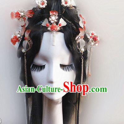 Orange Chinese Classical Fairy Headwear Crowns Hats Headpiece Hair Accessories Jewelry Set