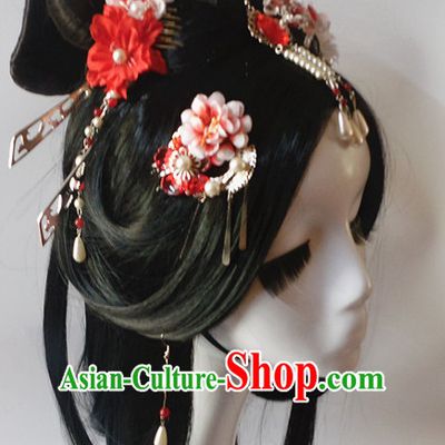 Black Chinese Classical Fairy Long Wigs and Headwear Crowns Hats Headpiece Hair Accessories Jewelry Set