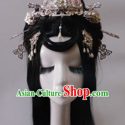 Silver Chinese Classical Fairy Long Wigs and Headwear Crowns Hats Headpiece Hair Accessories Jewelry Set