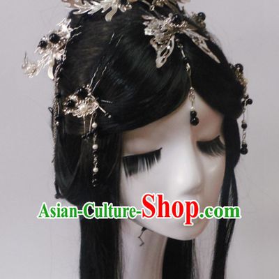 Silver Chinese Classical Fairy Long Wigs and Headwear Crowns Hats Headpiece Hair Accessories Jewelry Set