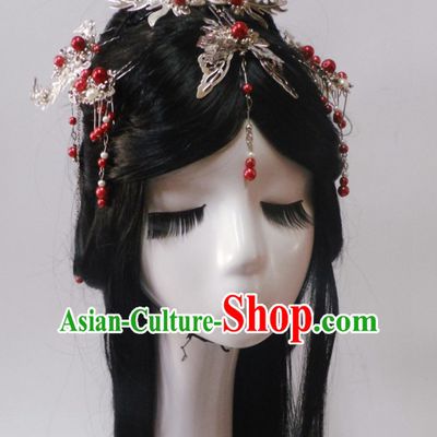 Red Chinese Classical Fairy Long Wigs and Headwear Crowns Hats Headpiece Hair Accessories Jewelry Set