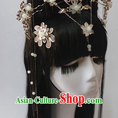 Silver Chinese Classical Fairy Long Wigs and Headwear Crowns Hats Headpiece Hair Accessories Jewelry Set