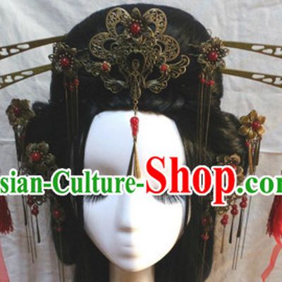 Brown Chinese Classical Fairy Long Wigs and Headwear Crowns Hats Headpiece Hair Accessories Jewelry Set